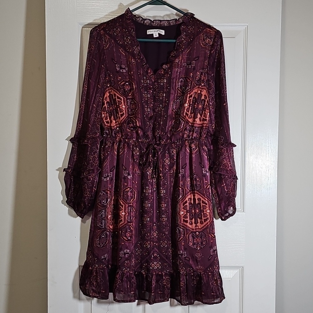 Frye and Co. Midi Flounce Royal Plum Combo Long Sleeve V-Neck  Dress Size Small